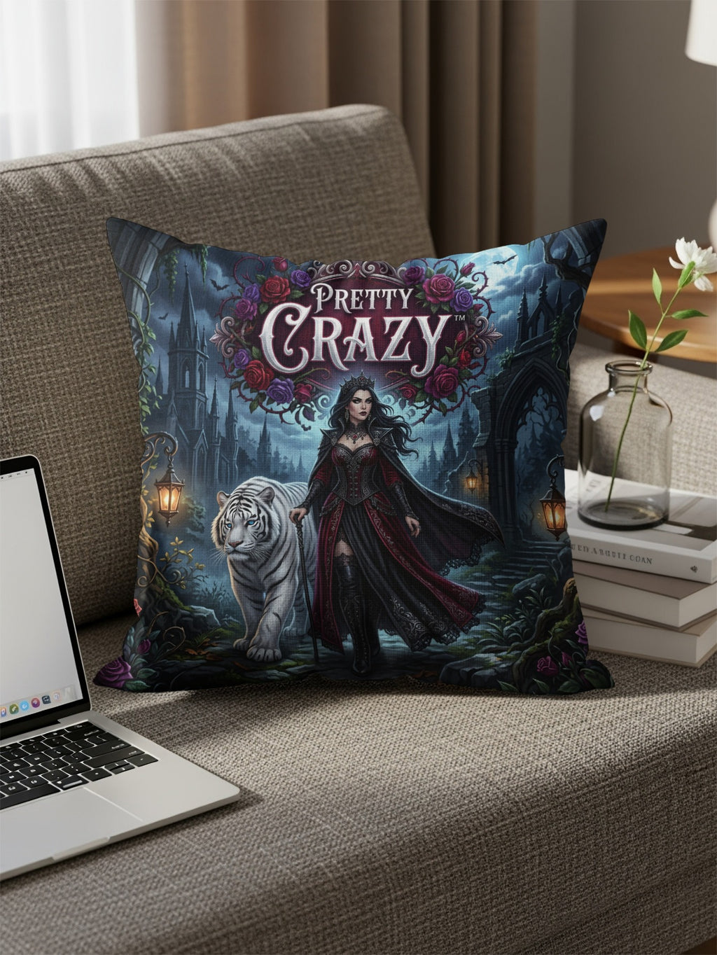 Woman with white tiger in gothic setting, "PRETTY CRAZY" text.