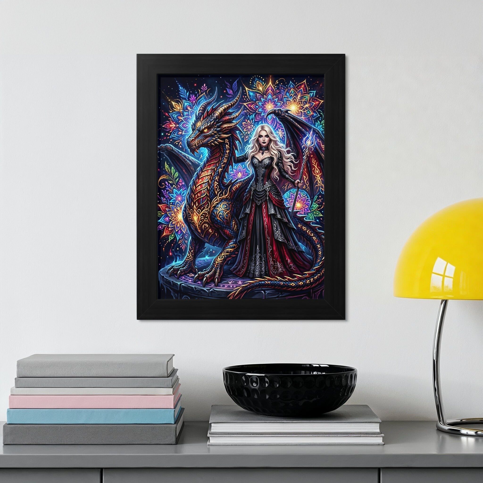 Fantasy illustration of a woman with a dragon, against a colorful mandala background.