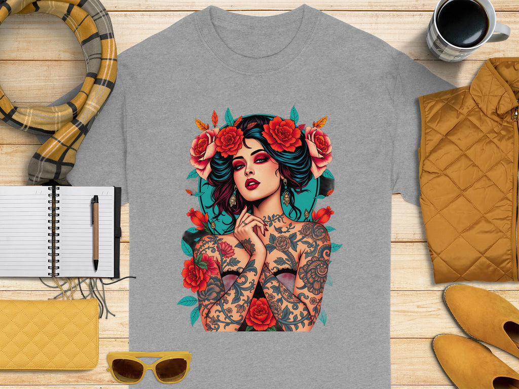 Beautiful Floral Tattooed Woman Graphic Tee Shirt