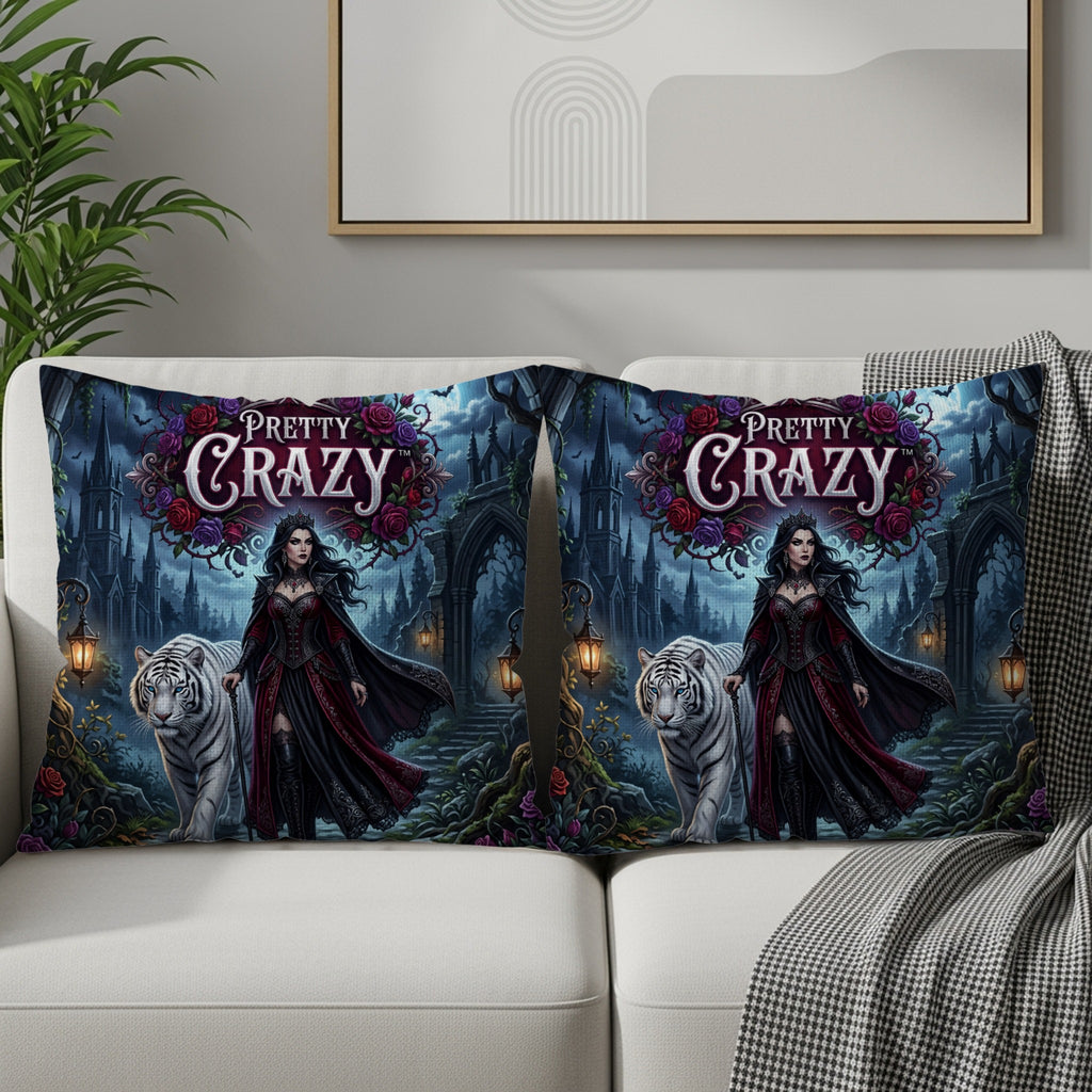 Gothic queen and white tiger design on throw pillows, with "Pretty Crazy" text.