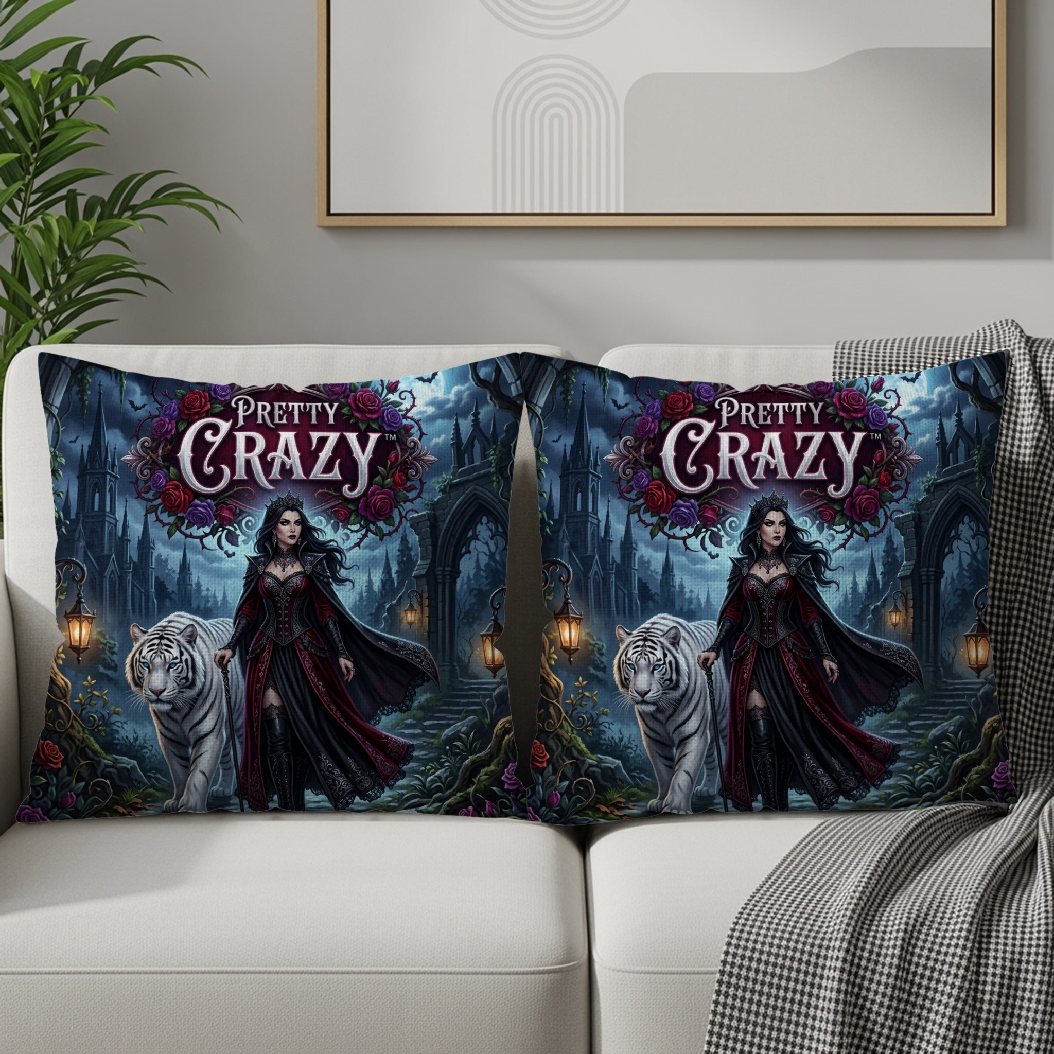 Gothic queen and white tiger design on throw pillows, with "Pretty Crazy" text.